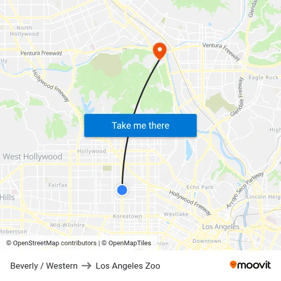 Beverly / Western to Los Angeles Zoo map