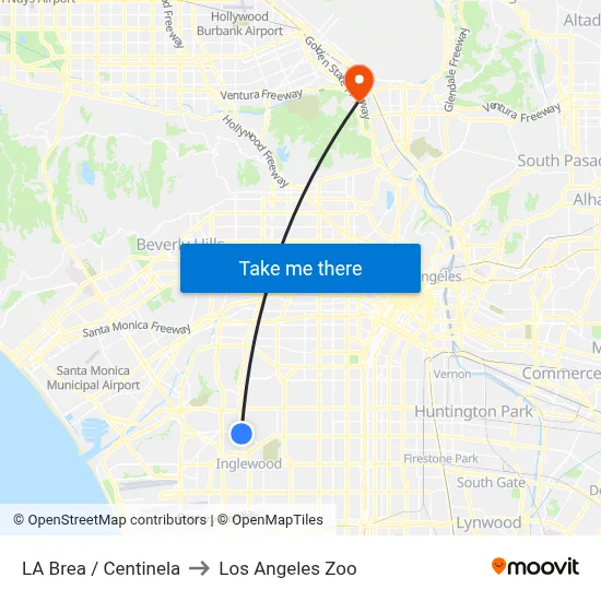 LA Brea / Centinela to Los Angeles Zoo map