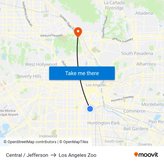 Central / Jefferson to Los Angeles Zoo map