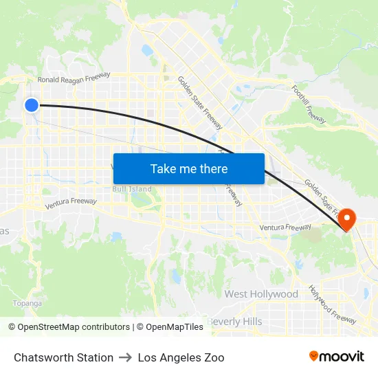 Chatsworth Station to Los Angeles Zoo map