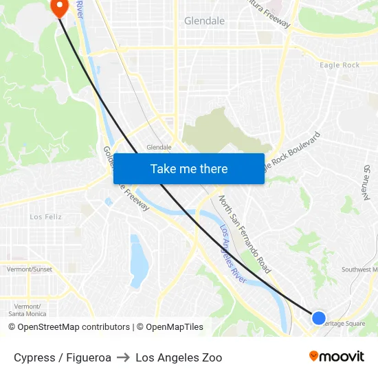 Cypress / Figueroa to Los Angeles Zoo map