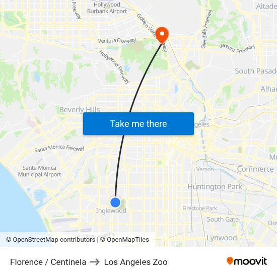 Florence / Centinela to Los Angeles Zoo map