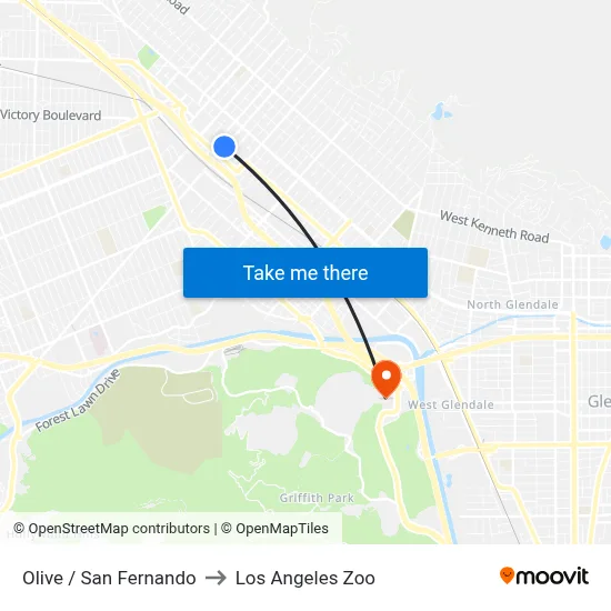 Olive / San Fernando to Los Angeles Zoo map