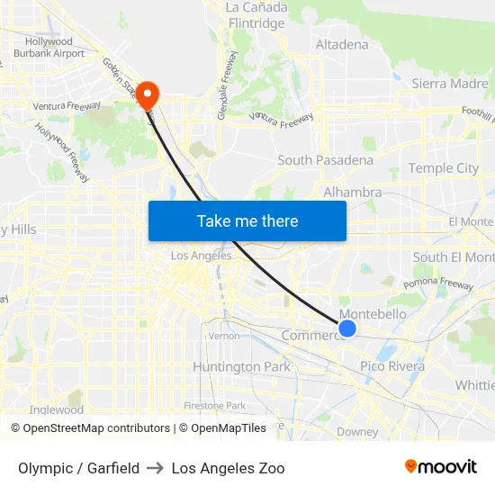 Olympic / Garfield to Los Angeles Zoo map