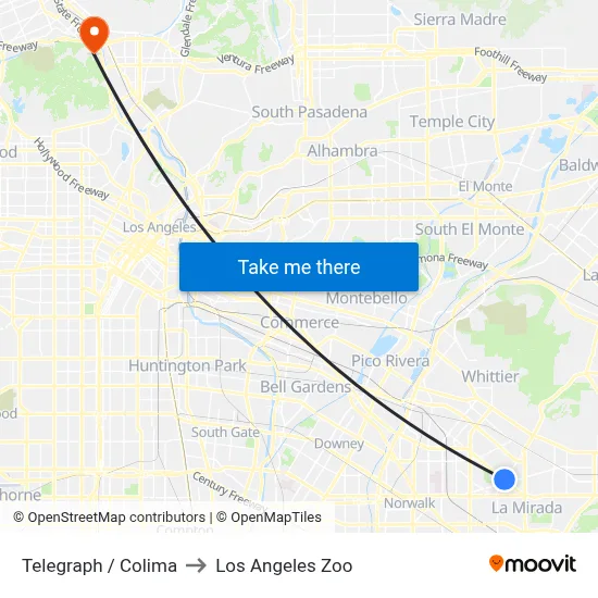 Telegraph / Colima to Los Angeles Zoo map