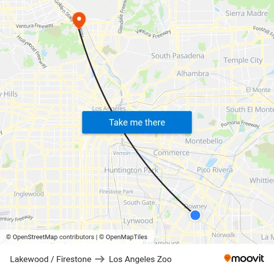 Lakewood / Firestone to Los Angeles Zoo map
