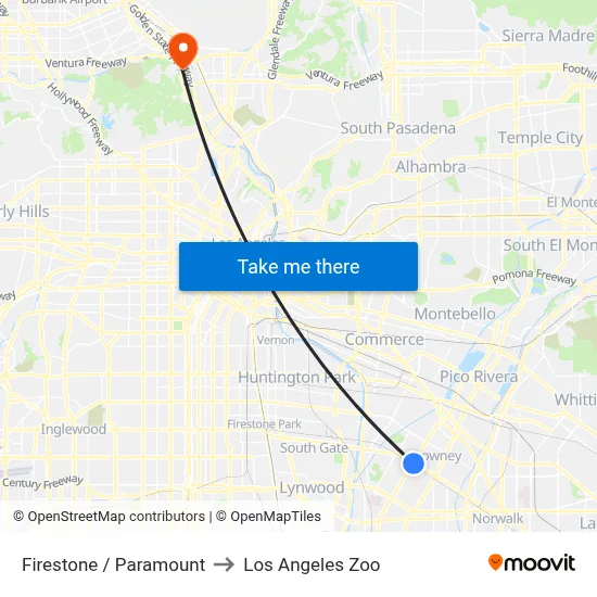 Firestone / Paramount to Los Angeles Zoo map