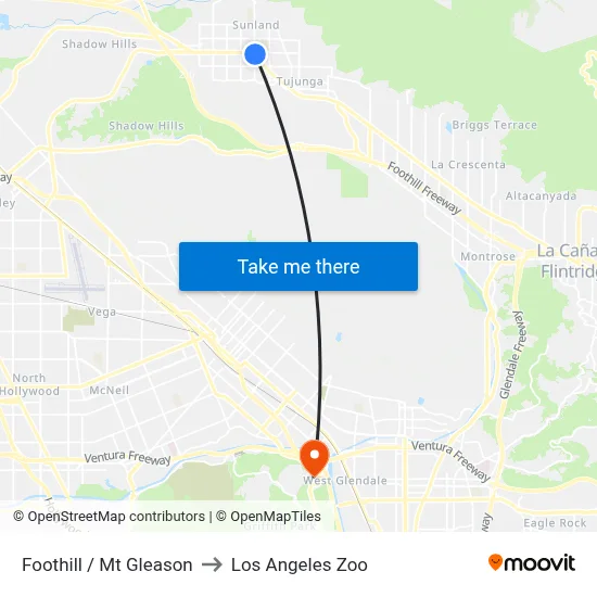 Foothill / Mt Gleason to Los Angeles Zoo map