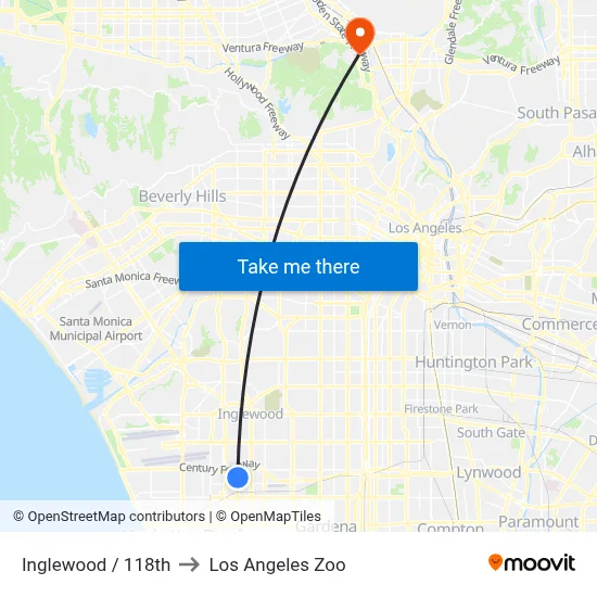 Inglewood / 118th to Los Angeles Zoo map