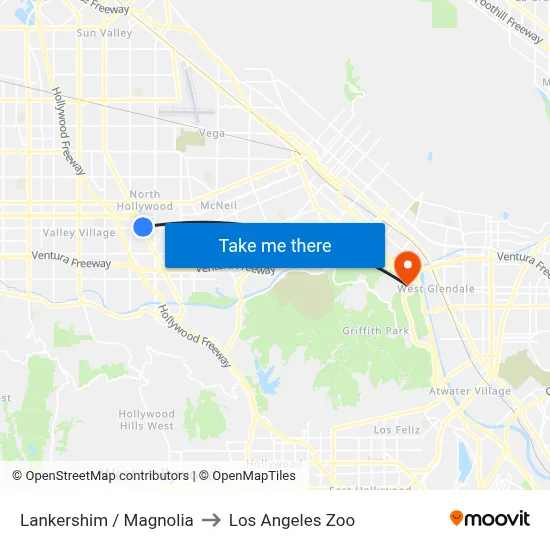 Lankershim / Magnolia to Los Angeles Zoo map