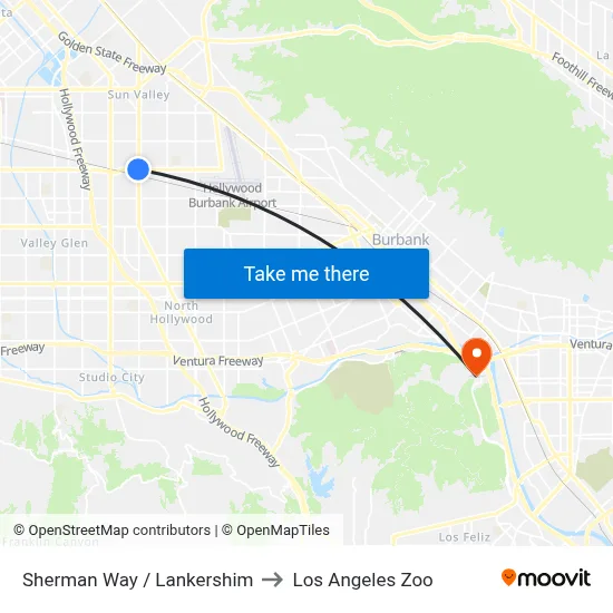 Sherman Way / Lankershim to Los Angeles Zoo map