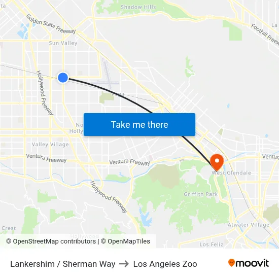 Lankershim / Sherman Way to Los Angeles Zoo map