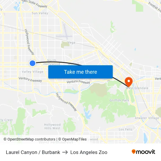 Laurel Canyon / Burbank to Los Angeles Zoo map