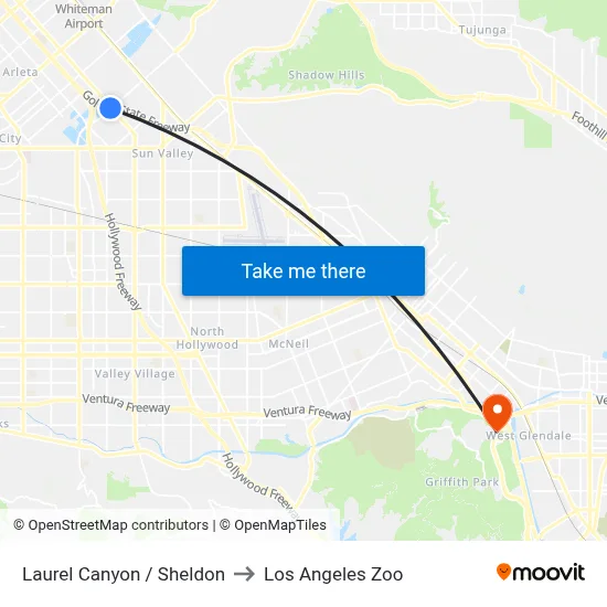 Laurel Canyon / Sheldon to Los Angeles Zoo map