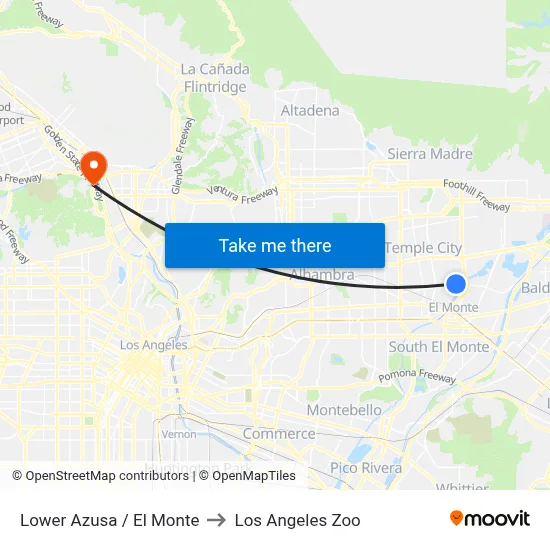 Lower Azusa / El Monte to Los Angeles Zoo map