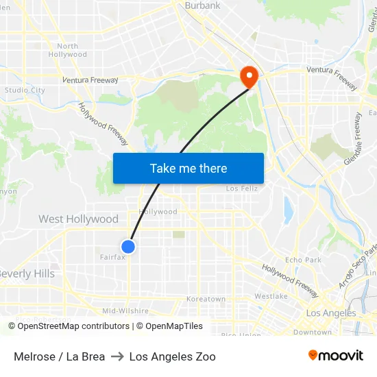 Melrose / La Brea to Los Angeles Zoo map