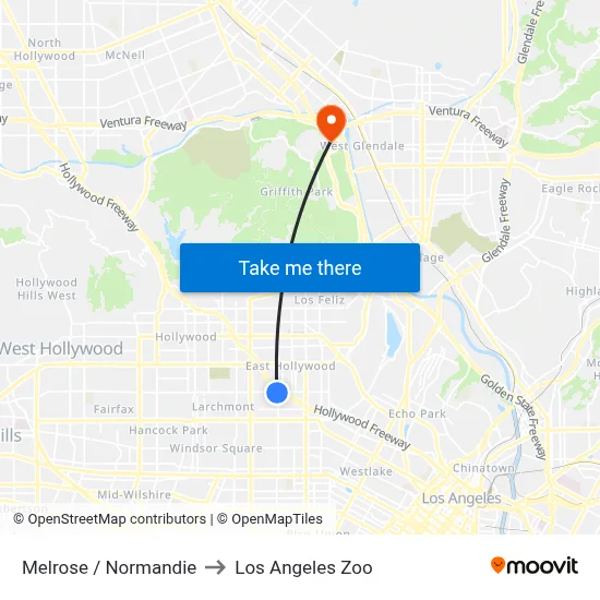 Melrose / Normandie to Los Angeles Zoo map