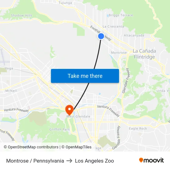 Montrose / Pennsylvania to Los Angeles Zoo map