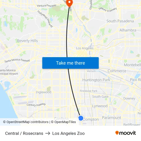 Central / Rosecrans to Los Angeles Zoo map