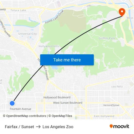 Fairfax / Sunset to Los Angeles Zoo map