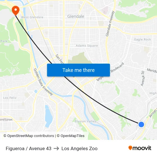 Figueroa / Avenue 43 to Los Angeles Zoo map