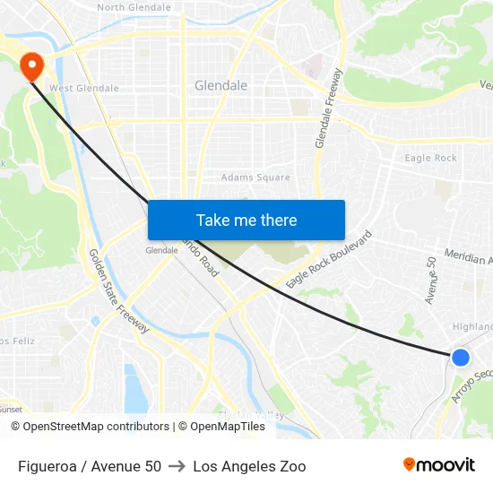 Figueroa / Avenue 50 to Los Angeles Zoo map