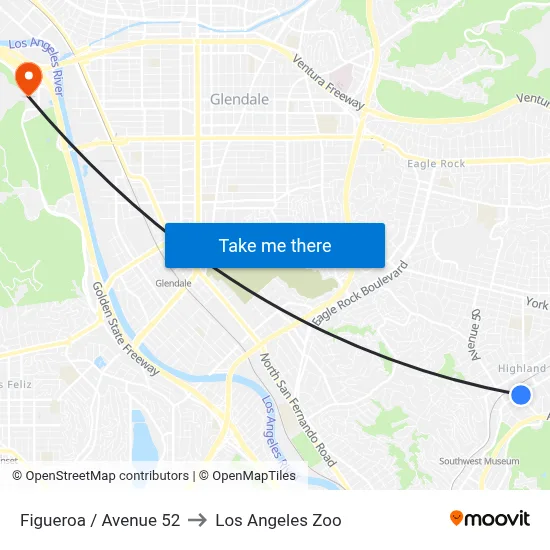 Figueroa / Avenue 52 to Los Angeles Zoo map