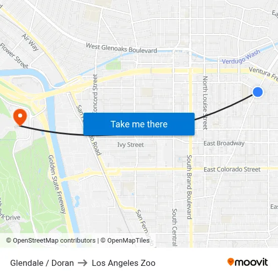 Glendale / Doran to Los Angeles Zoo map