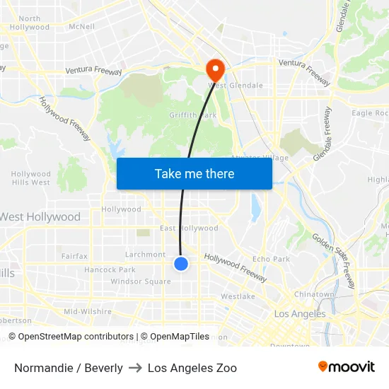 Normandie / Beverly to Los Angeles Zoo map