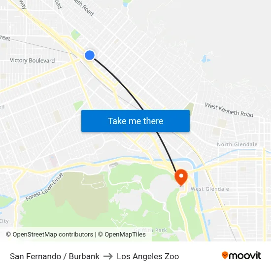 San Fernando / Burbank to Los Angeles Zoo map