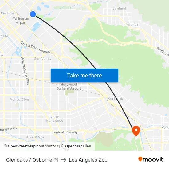 Glenoaks / Osborne Pl to Los Angeles Zoo map