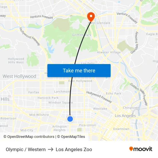 Olympic / Western to Los Angeles Zoo map