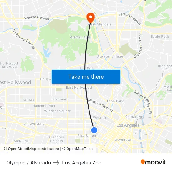 Olympic / Alvarado to Los Angeles Zoo map