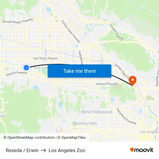 Reseda / Erwin to Los Angeles Zoo map