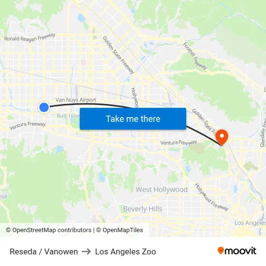 Reseda / Vanowen to Los Angeles Zoo map