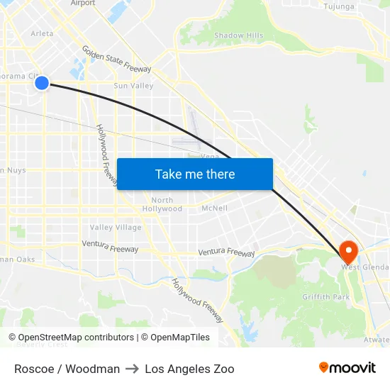 Roscoe / Woodman to Los Angeles Zoo map