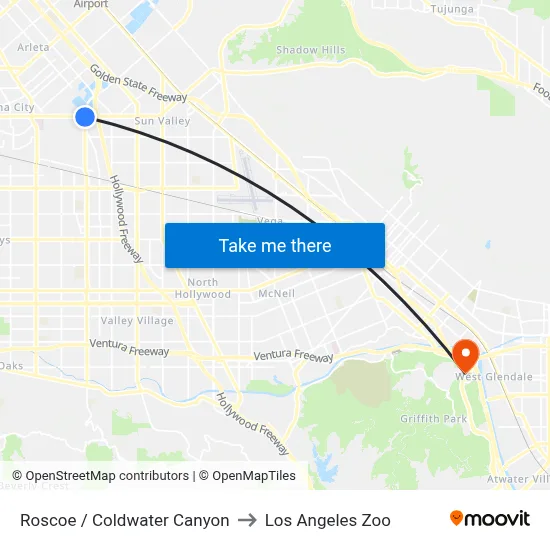 Roscoe / Coldwater Canyon to Los Angeles Zoo map