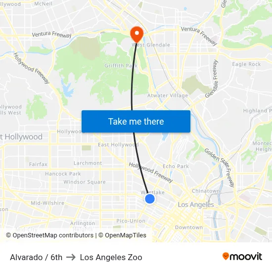 Alvarado / 6th to Los Angeles Zoo map