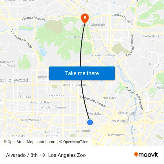 Alvarado / 8th to Los Angeles Zoo map