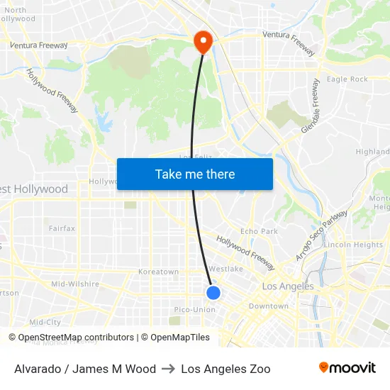 Alvarado / James M Wood to Los Angeles Zoo map