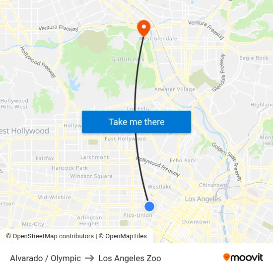 Alvarado / Olympic to Los Angeles Zoo map