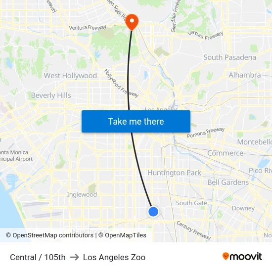 Central / 105th to Los Angeles Zoo map