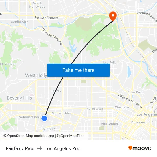 Fairfax / Pico to Los Angeles Zoo map