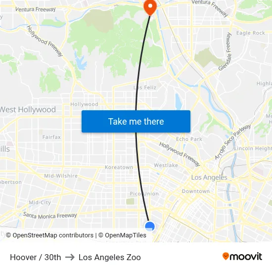 Hoover / 30th to Los Angeles Zoo map