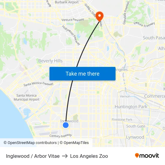 Inglewood / Arbor Vitae to Los Angeles Zoo map