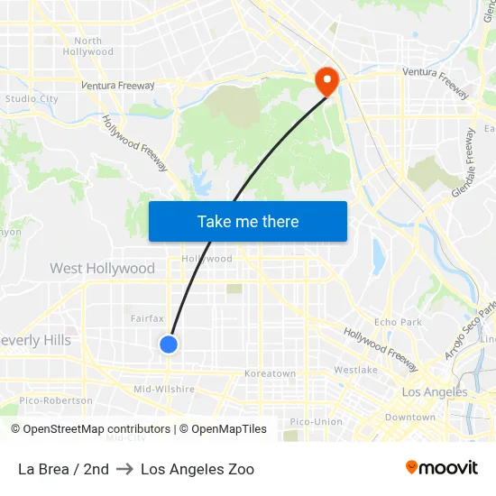 La Brea / 2nd to Los Angeles Zoo map