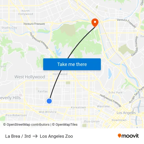 La Brea / 3rd to Los Angeles Zoo map