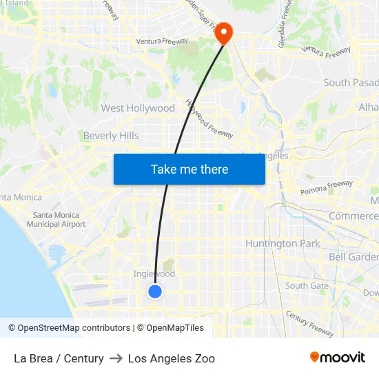 La Brea / Century to Los Angeles Zoo map
