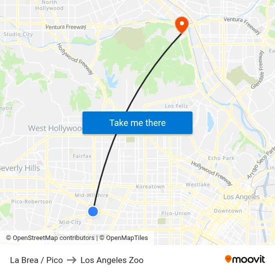 La Brea / Pico to Los Angeles Zoo map