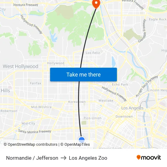 Normandie / Jefferson to Los Angeles Zoo map